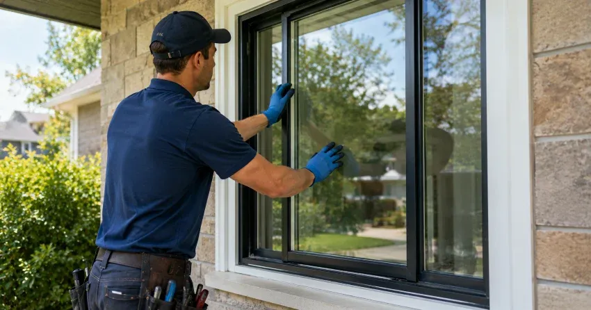 technician measuring a broken window pane for replacement in Canborough Street Area, Smithville