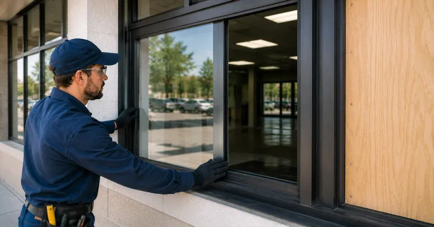 technician boarding a broken window after a break-in in West Street Area, Smithville