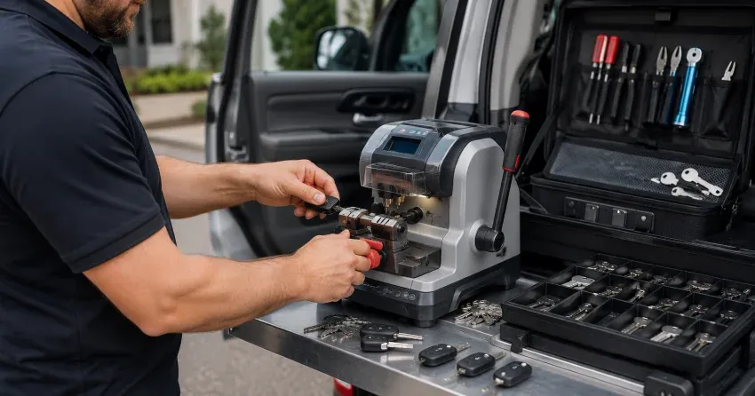 technician cutting a replacement car door lock key in Canborough Street Area, Smithville