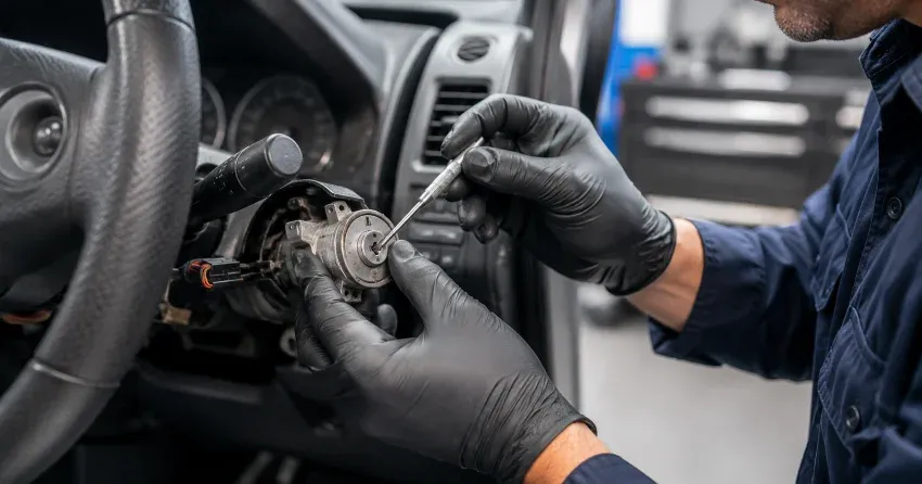 technician diagnosing an ignition lock repair issue in Bismark, Smithville