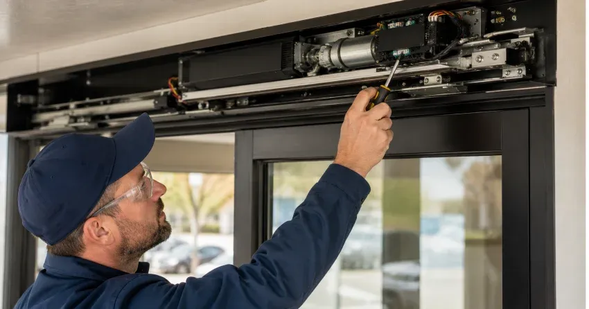 technician completing automatic door repair on residential property in Grassie, Smithville