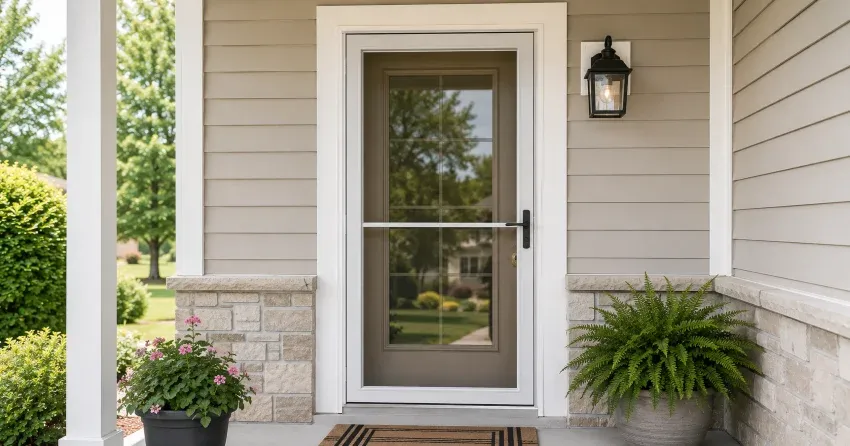 technician hanging storm door square and plumb in Industrial Park Area, Smithville