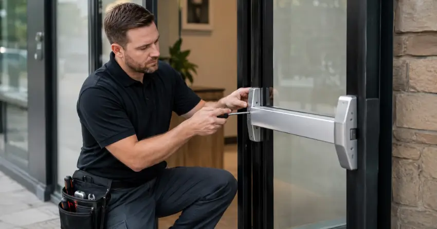 commercial locksmith repairing exit device on storefront door Abingdon, Smithville