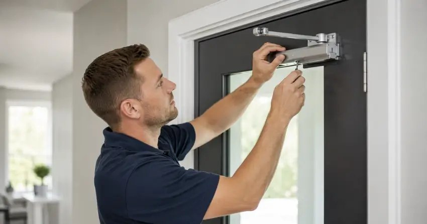 technician adjusting door closer hydraulic valve in Abingdon, Smithville home