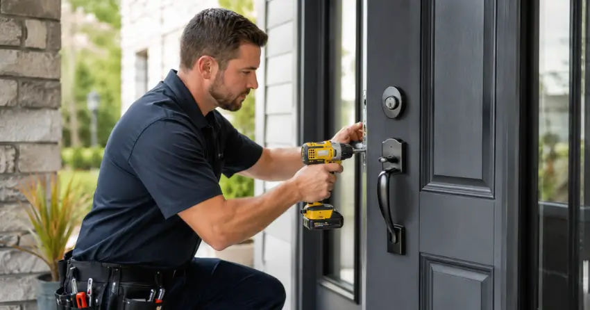 locksmith installing deadbolt lock on exterior door in Smithville