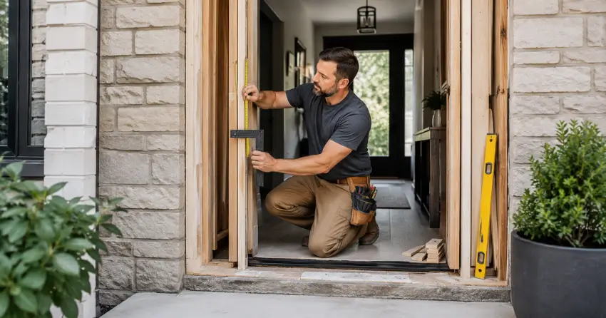exterior door installer assessing rough opening in Brookside Area, Smithville