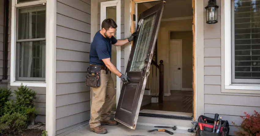 old exterior door being removed for replacement in Caistor Centre, Smithville
