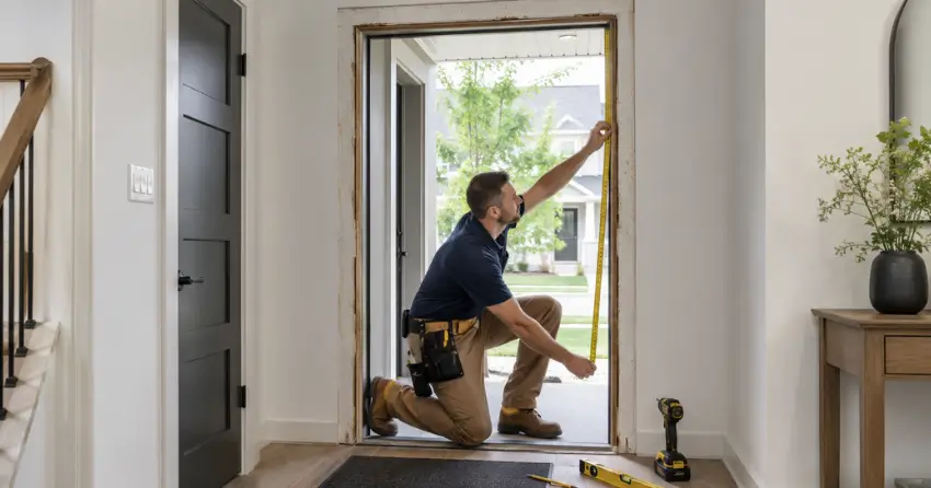 technician measuring a door frame before new door installation in East Smithville, Smithville