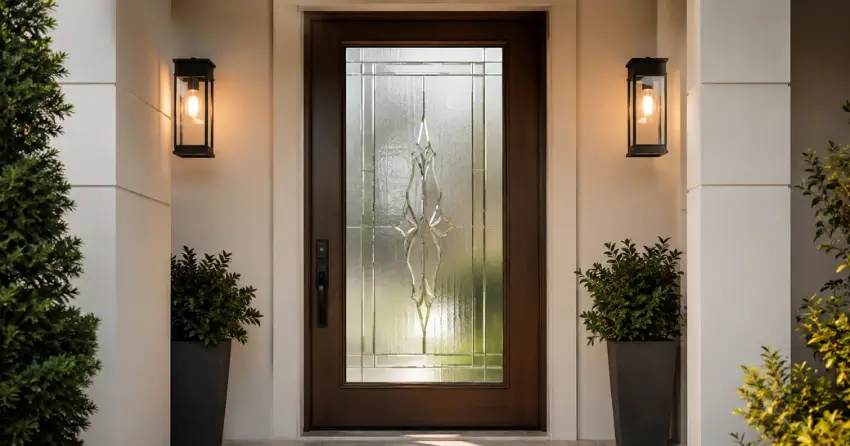 decorative frosted glass panel installed in a front door in Brookside Area, Smithville