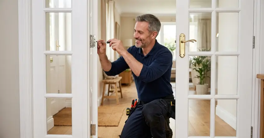 technician adjusting French door hinge for proper alignment in Smithville