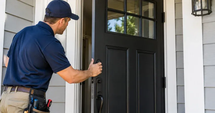technician adjusting door hinge and strike plate in Winslow, Smithville home