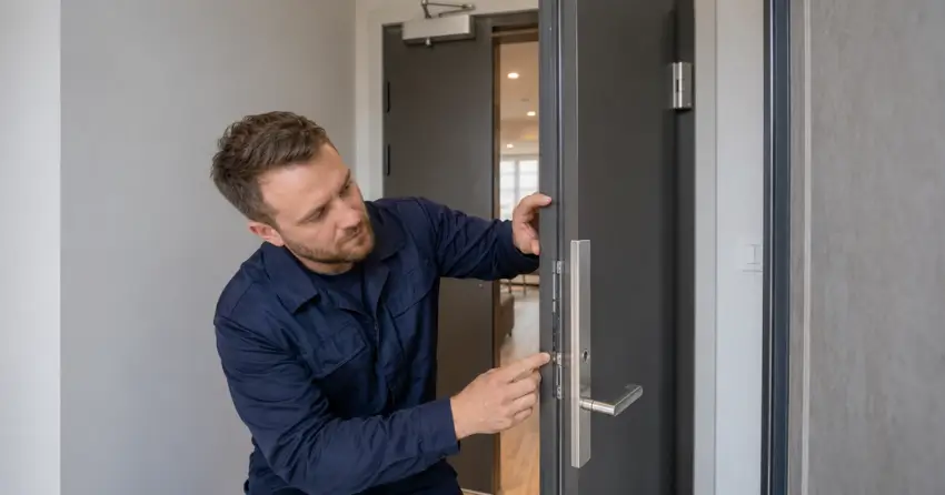technician inspecting fire-rated door seal and hardware in Smithville