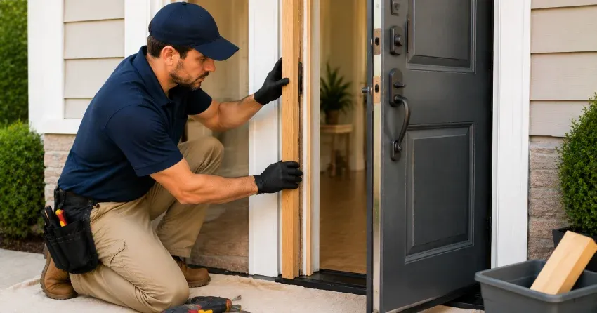 technician inspecting damaged door frame corner in Anastasia Boulevard Area, Smithville